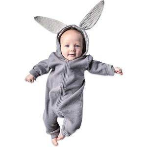 Simplee kids Animal Bunny Baby Easter Romper Long Ear Rabbit Hoodie Romper Jumpsuit with Zipper (Gray), 100