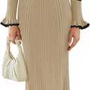 Pink Queen Women's V Neck Bodycon Sweater Dress 2025 Long Sleeve Half Button Slim Fitted Ruffle Ribbed Knit Maxi Pencil Dress (Large, Beige)
