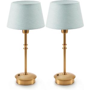 UMEXUS Small Cordless Lamp Rechargeable Table Lamps Set of 2, Dimmable Battery Operated Lights, Portable Accent Light for Side Table Restaurant Dining Outdoor, Blue Fabric Shade, Antique Brass