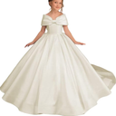 Off Shoulder Flower Girl Dress for Wedding Satin First Communion Dress for Girls Long Ball Gowns with Bow, 8