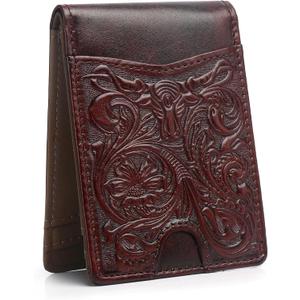 Pefiam Full Grain Leather Bifold Wallet for Men - 11 Slots, RFID Blocking, Gifts for Men - Cowboy Red
