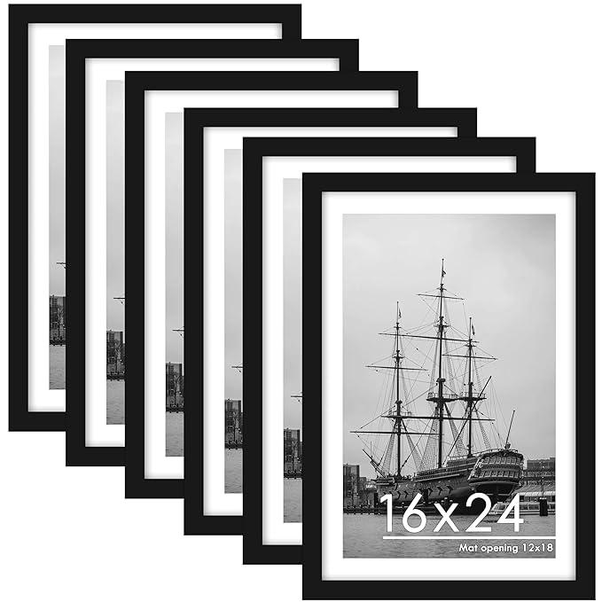 16x24 Picture Frame Set of 6, Black Poster Frame, Display Pictures 12 x 18 with Mat or 16x 24 Without Mat for Horizontal or Vertical Wall Mounting, Wall Gallery Frame for Artwork