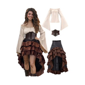 Verceco Pirate Costume Women Outfit with Renaissance Pirate Shirt Skirt Corset Waist Belt Womens Halloween Pirate Costumes (Beige+Brown, M)