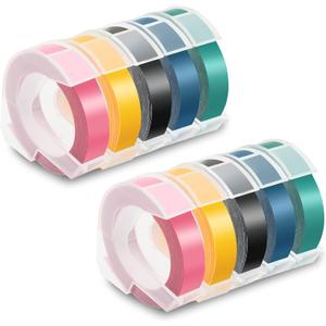 Pristar Replacement Embossing Label Tape Compatible for DYMO Embossing Xpress Label Maker, 3D Plastic Labels Self-Adhesive Black/Pink/Yellow/Lake Blue/Lake Green, 3/8 Inch x 9.8 Feet, 10-Pack