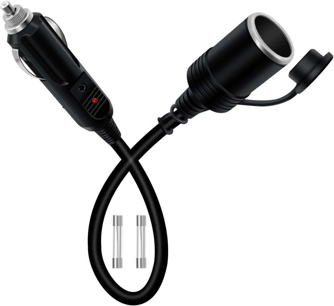 Cigarette Lighter Extension Cord 12V 24V Cigarette Lighter Plug Extension Heavy Duty 16AWG 15A Fuse with LED Light and Waterproof Cover Suitable for Cars, Motorcycles, Boats (0.3 m/1FT)
