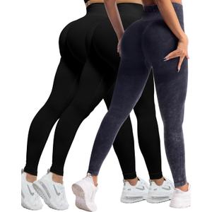 CHRLEISURE Workout Leggings Sets for Women, Gym Scrunch Butt Butt Lifting Seamless Leggings 3 Piece (XX-Large, 3 Packs - Black/Black/Washed Black)