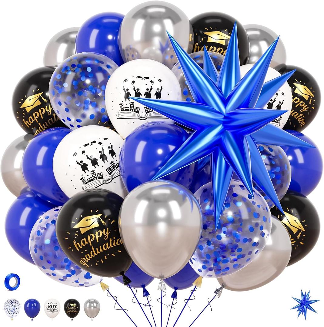 2 x 47pcs Royal Blue Silver Graduation Balloons, Class Of 2026 Graduation Decorations With Foil Starburst Balloons Confetti Latex Ribbons Grad For College High School Decoration Supplies