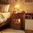 Solid Wood Cute Nightstand with 360 Rotating Drawers, Semi-Assembled Kids Night Stand with LED Lights & 2 Drawers, Modern Fluted Bedside Tables for Bedroom, Living RoomWalnut