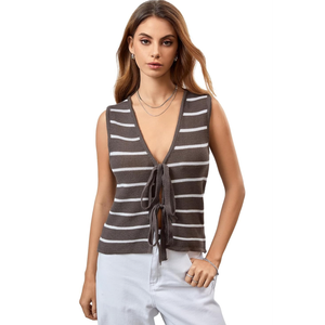 RoseSeek Women's Bow Tie Front Striped Sweater Vest V Neck Sleeveless Knit Vests, S