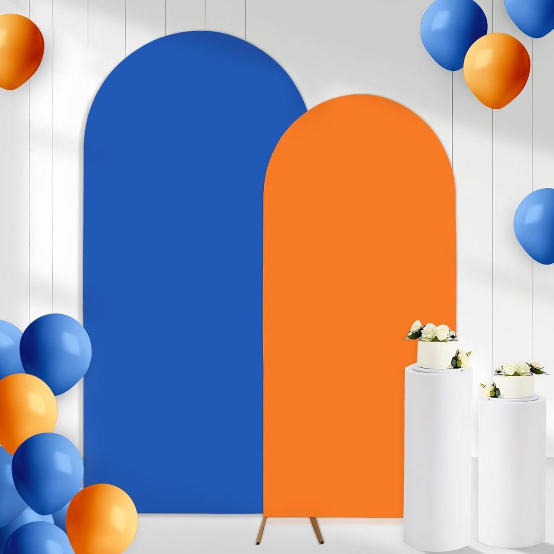2PCS Arch Backdrop Covers Orange Blue (7.2ft+6ft), Spandex Fitted Arch Stand Covers Background for Wedding Baby Shower Birthday Bridal Shower Party Decorations(Only Covers)