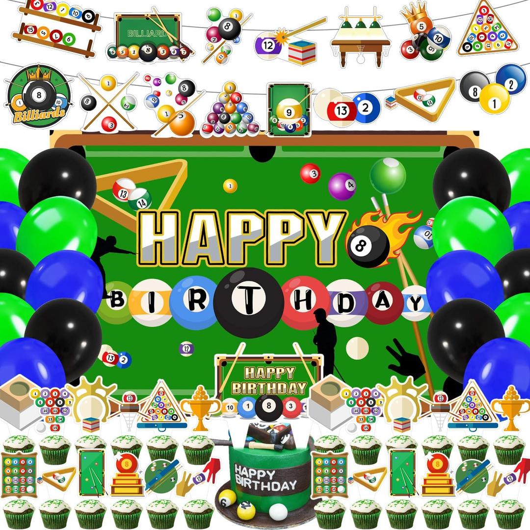 59 Pcs Billiards Birthday Party Supplies, Snooker Ball Sports Themed Party Decoration Pool Billiard Backdrop Balloons Cake Cupcake Topper for Billiards Themed Party Decor