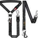 Dog Seat Belt for Car, Adjustable 4-in-1 Dog Car Seatbelt Leash with Hook & Buckle, Reflective Dog Seatbelt Harness for Car with Vehicle Car Headrest & Swivel Carabiner and Poop Bag, Black