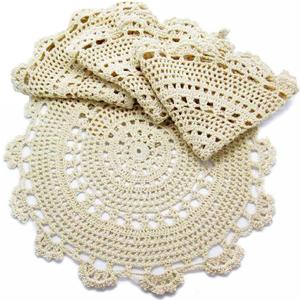 kilofly Handmade Crochet Round Cotton Lace Table Placemats Doilies Value Pack [Set of 4], Medallion, 13 x 13 inch, Beige