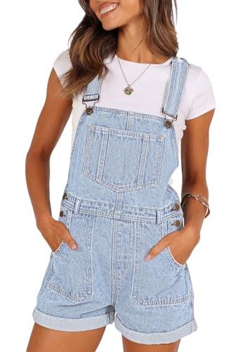 Pink Queen Women's Casual Loose Bib Short Jean Overall Outfits Relaxed Fit Empire Waist Shortalls Workwear with Adjustable Straps and Convenient Tool Pockets Light Blue, L