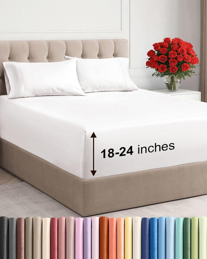 Extra Deep Queen Sheet Set - 4 Piece Breathable & Cooling Bed Sheets - Easily Fits 18 to 24 inch Mattress - Ultra Soft, Wrinkle & Fade Free with Extra Deep Pockets - Hotel Luxury Bedding - 
Antique White
