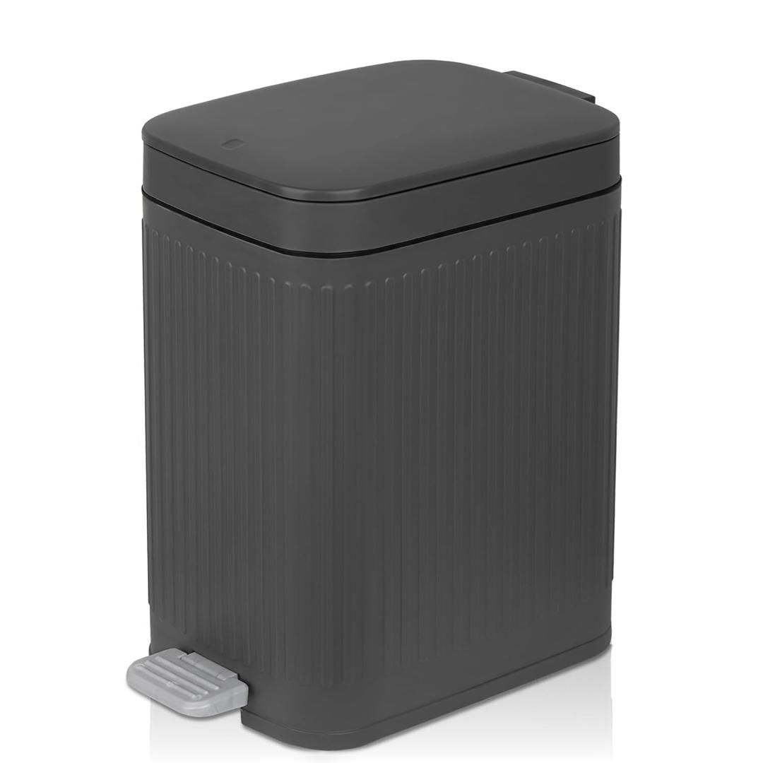 rejomiik Small Bathroom Trash Can with Lid Slim Soft Close Garbage Can Step Wastebasket Container Trash Bin for Office Bedroom Kitchen Living Room (1.9 Gallon Dark Gray)