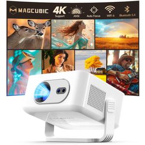 2026 Smart Projector 4K & 8K Support, Portable Projector with WiFi 6 and Bluetooth 5.4, Auto Focus & Vertical Keystone, 180Rotatable, Mini Proyector for Outdoor Home HY300Max (White/Silver)
