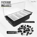 Esatto Bar Products Condiment Holder for Serving Container Chilled Garnish Tray with Lid for Bar Caddy, 4-1 Pint Inserts, With Added 12 Liquor Bottle Pourers, and 12 Pourer Covers - Black