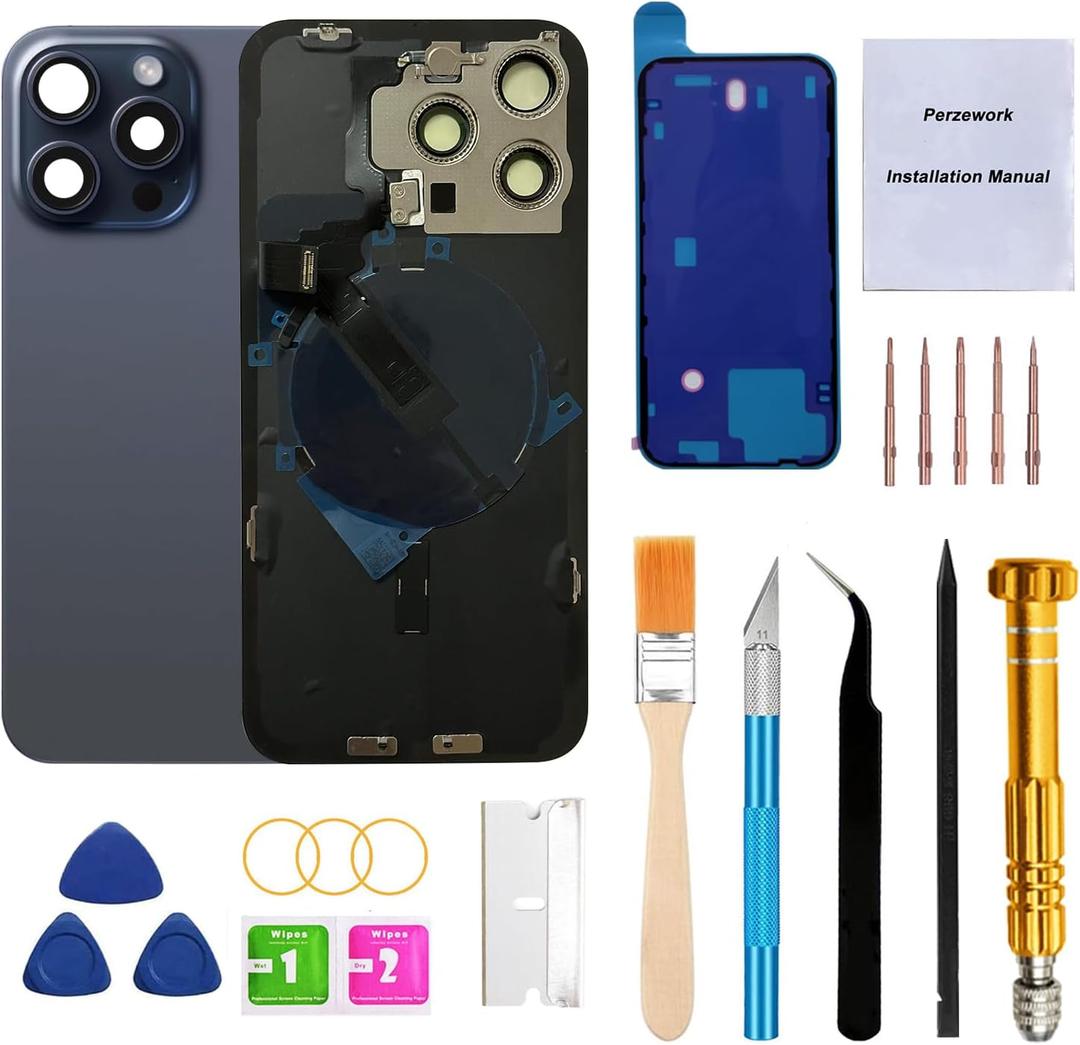 Rear Back Glass Replacement for iPhone 15 Pro Max 6.7-inches with Reparing Tool Kit and All Necessary Parts (Blue Titanium)