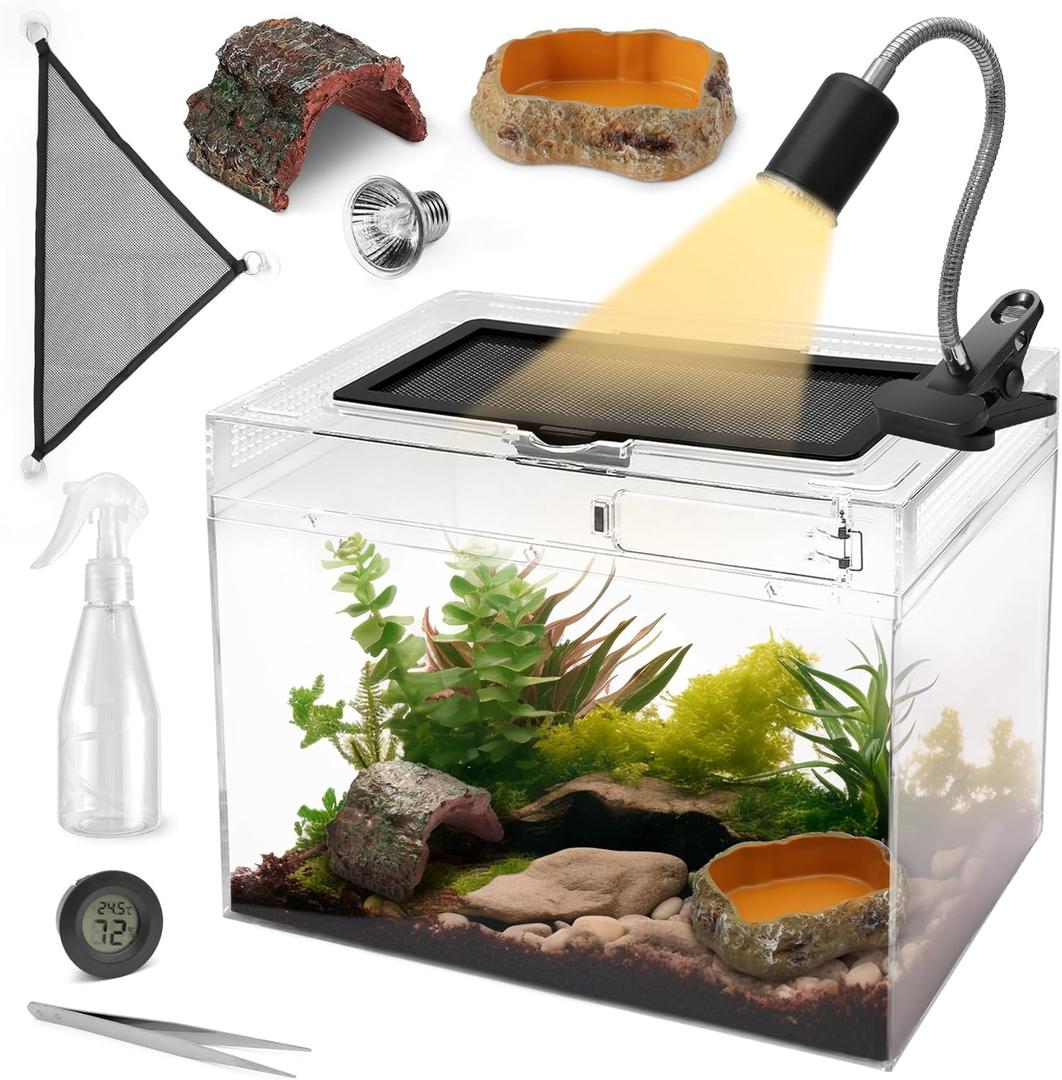 AZV Reptile Terrarium Starter Kit,8 Piece Small Reptile Tank with Escape-Proof Locks,Mesh Top,Multi-Vent Compatible Habitat,Durable Clear PC,Easy-Clean Waterproof Base for Geckos,Frogs,Spiders Large (15.6*10*8IN)