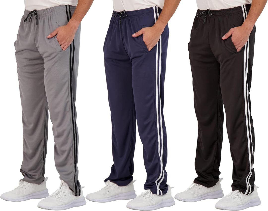 Real Essentials 3 Pack: Men's Mesh Athletic Gym Workout Lounge Open Bottom Sweatpants with Pockets  (Medium)