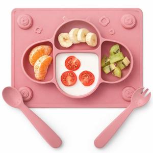 ROCCED Suction Plates for Baby Placemat Spoon Fork Set for Toddlers, Silicone Baby Plates with Suction Baby Dishes for Kids Plates-pale mauve