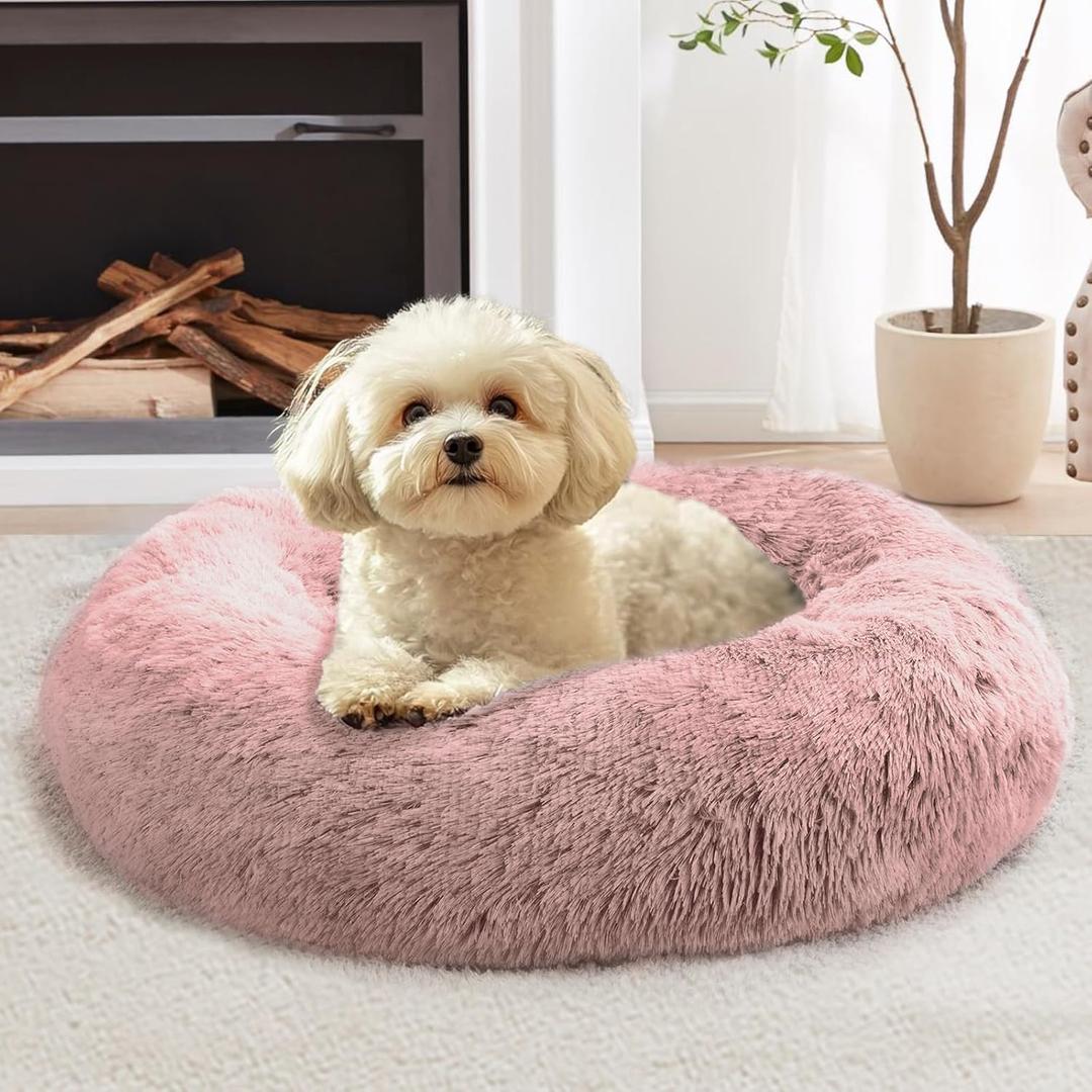 JOLLYVOGUE Calming Dog Bed Medium Size Dog, 31in Donut Washable Medium Pet Bed, Anti-Slip & Anti-Anxiety Fluffy Faux Fur Round Dogs Bed, Fits up to 45 lbs Pets (Dark Pink)