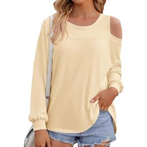 Fisoew Womens Cold Shoulder Tops Casual Long Sleeve Crewneck Basic Loose Fall Fashion T Shirts, M 