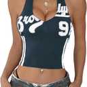 Milumia Women Graphic Jersey Shirts Backless Halter Top Sexy Deep V Neck Sleeveless Crop Tops Streetwear (Large, Blue)