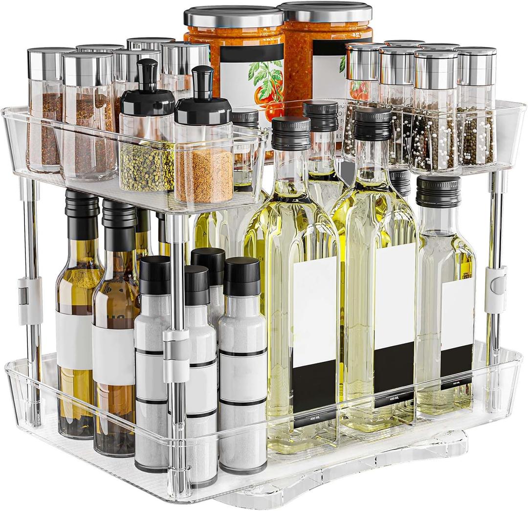 360 Rotating Lazy Susan Turntable Organizer Spice Rack, 2 Tier Height Adjustable Rotating Spice Organization for Cabinet, Seasoning Organizer for Countertop, Pantry