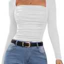 Amoretu Women's Long Sleeve Tops Square Neck Shirts Sexy Ruched Slim Fit Going Out T-Shirts (White, S)