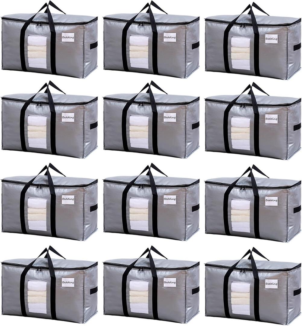 TAILI Extra Large Moving Bags, 12 Pack Silver Heavy Duty Totes for Storage with Visible Window, Wrap Around Handles, Storage Bags for Space Saving, Alternative to Moving Boxes