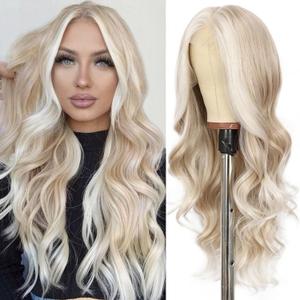 SAPPHIREWIGS 134 Body Wave Lace Front Wig for Women Highlight Ash Blonde with White Tips Pre Plucked Hairline Long Wavy Synthetic Wigs for Daily Party Use 26inch
