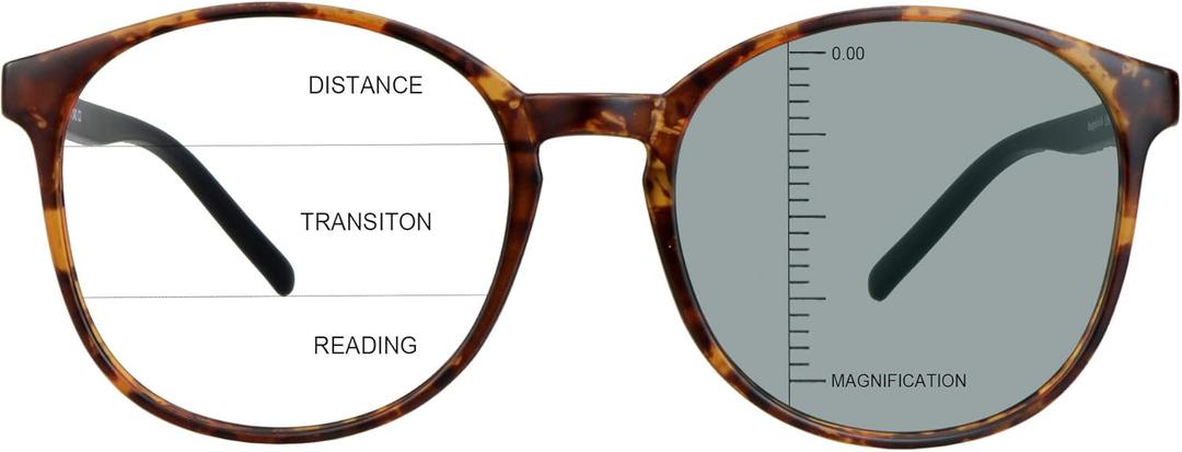 Vintage Round Progressive Multifocal Presbyopic Glasses, Photochromic Gray Sunglasses for Men Women Readers (+0.00/+3.00 Magnification) (Tortoise)