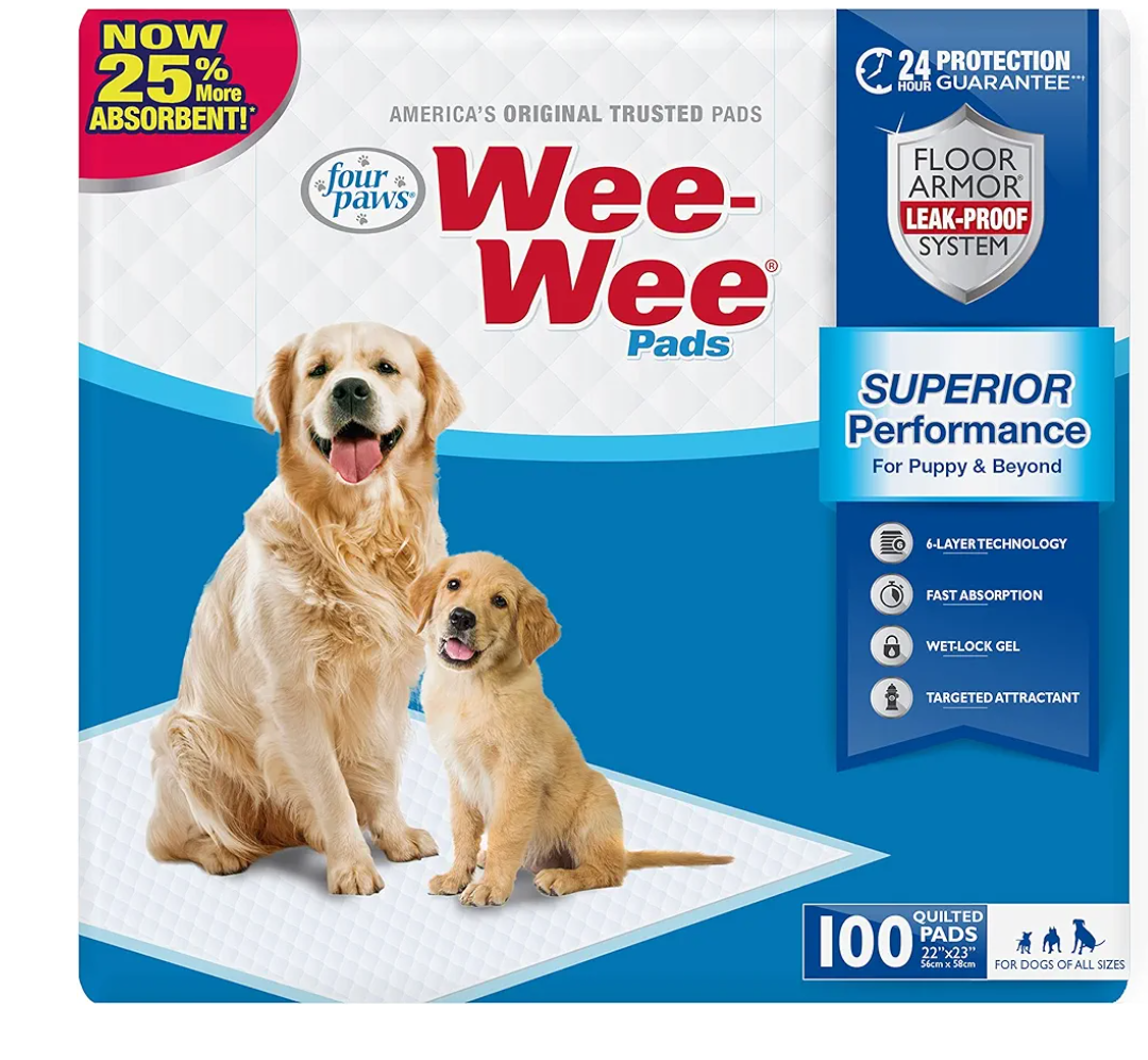 Four Paws Wee-Wee Superior Performance Unscented Pee Pads for Dogs & Puppies, Quilted Leak-Proof Dog Housebreaking Potty Training Floor Protection, 22" x 23", 100 Count