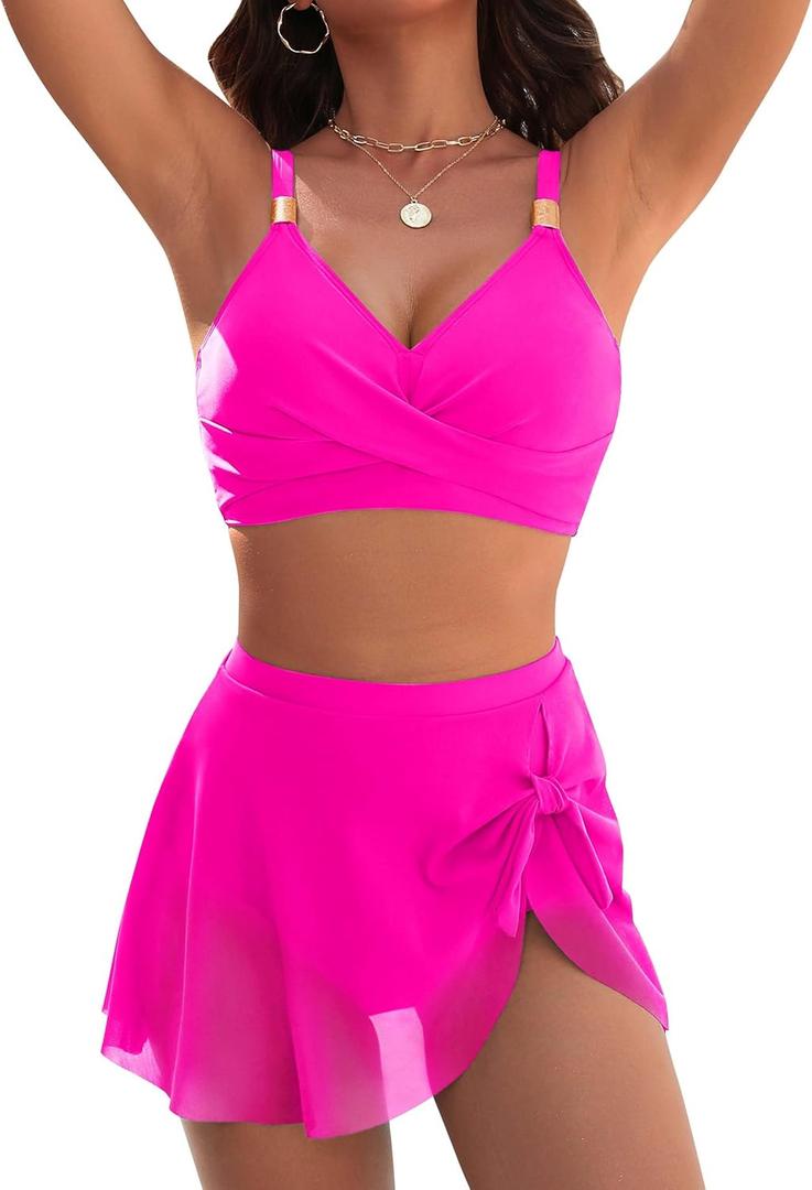 Blooming Jelly Womens High Waisted Bikini Set Gold Metal Two Piece Swimsuits Tummy Control Tie Knot 2025 Bathing Suits (Large, Hot Pink)