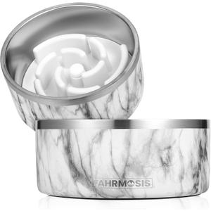 64 OZ Dog Bowl with Slow Feeder Insert Stainless Steel Pet Water Bowl for Medium & Large Breed Non Slip Rubber Base & Plastic Puzzle Feeder - White Marble