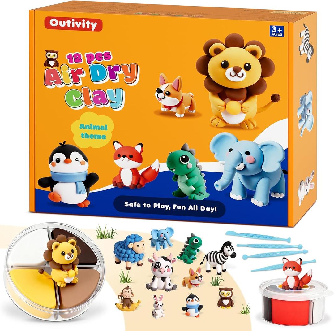 Air Dry Modeling Clay for Kids, 12 Animal Crafts Model Magic, Clay Kits with Sculpting Tools & Tutorials, Safe & Non-Stick DIY Art Crafts, Toys Gift for Ages 3-12 Boys & Girls