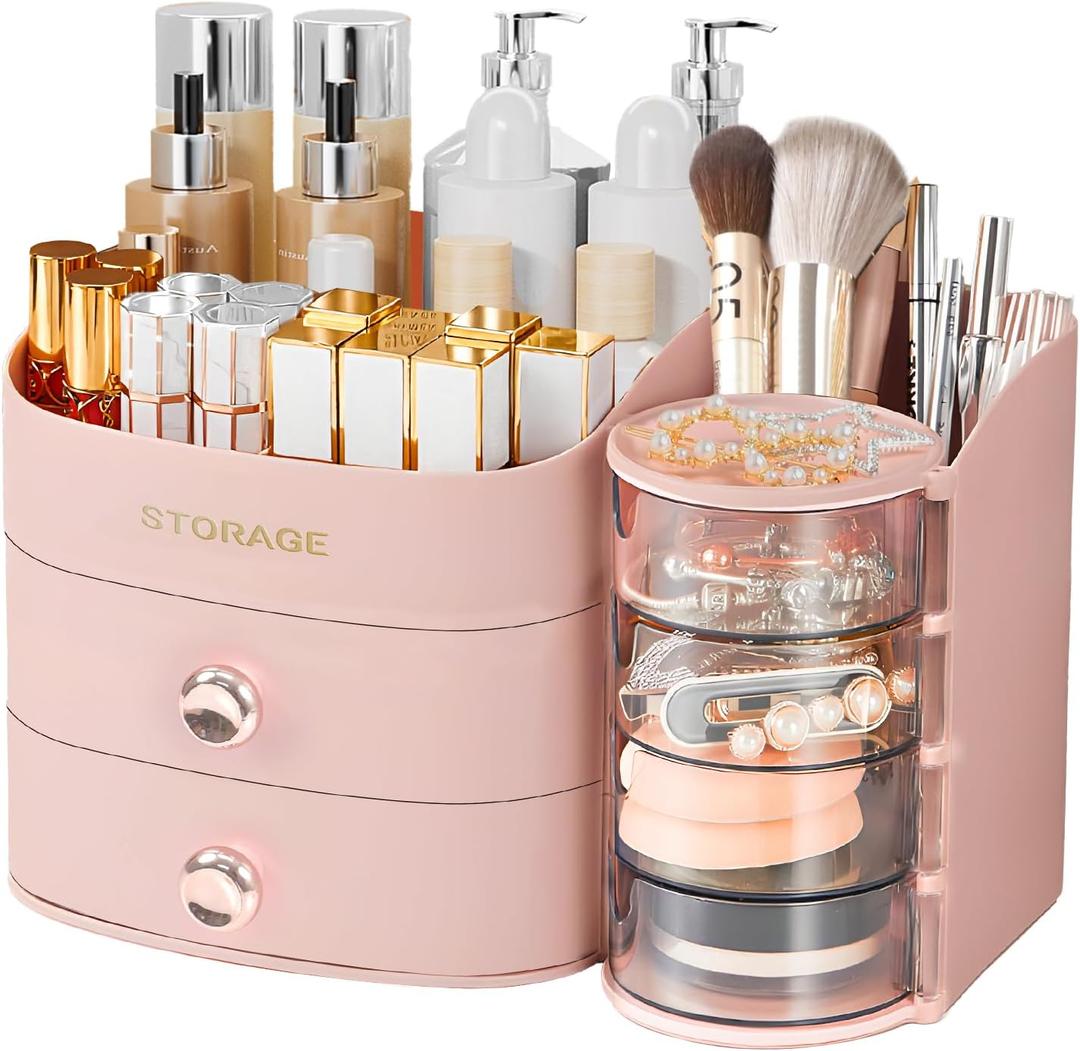 XIAPIA Makeup Organizer Countertop, Make Up Organizer for Vanity, Skincare & Cosmetic Organizers with Drawers, Bathroom Organizers Storage for Brush Holder|Lipstick|Jewelry, Ideal Gift for Women PINK