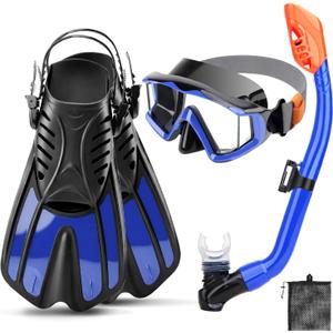 Snorkeling Gear for Kids Adults, 4 in 1 Snorkel Mask Fins Set with 3 Window Snorkel Mask, Dry Top Snorkel, Adjustable Short Fins and Mesh Bag, Anti-Leak & Anti-Fog Snorkel Gear for Snorkeling, 32- 36