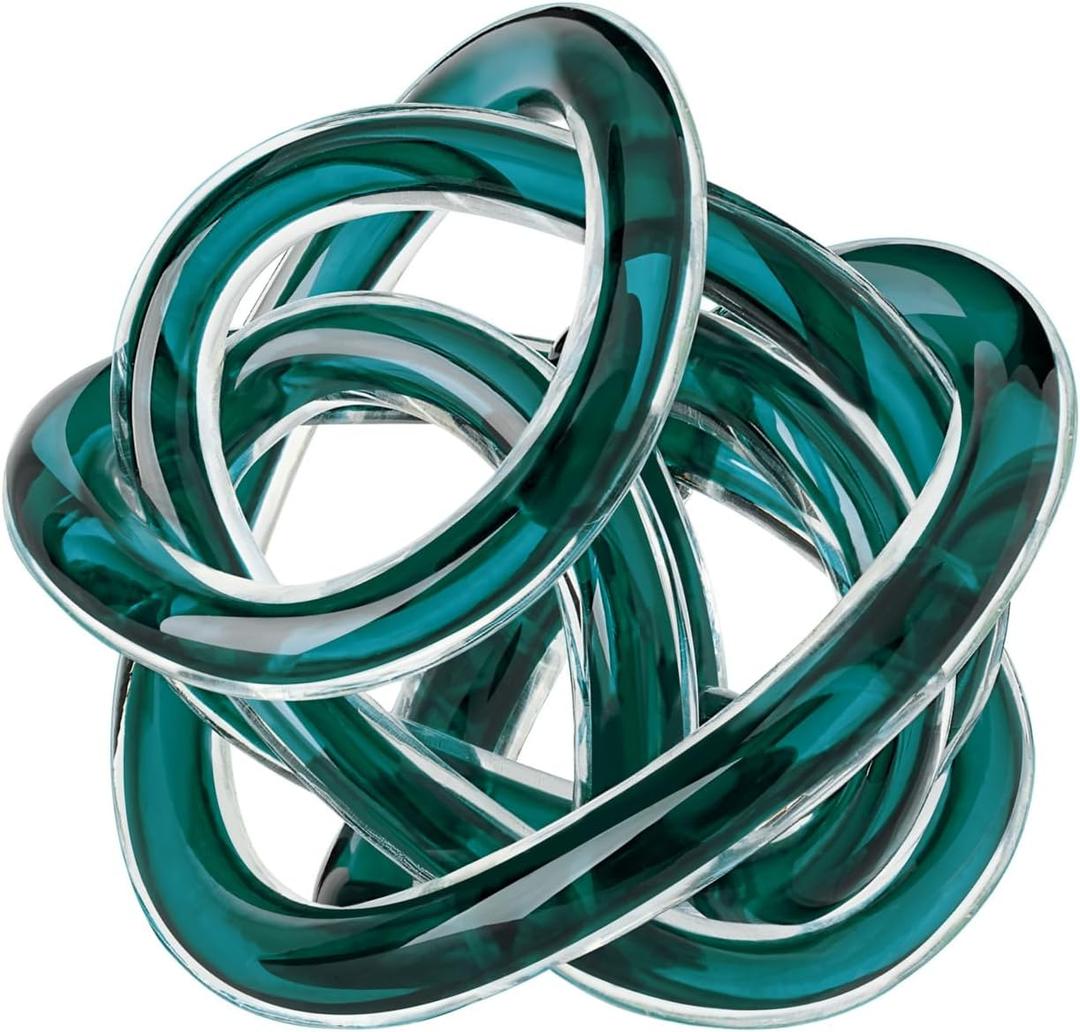 Torre & Tagus Orbit Hand Blown Glass Infinity Knot Sculpture - 3 Inch Glass Art Teal Knot Decor Ball for Home Decor, Small Centerpiece Table Decoration for Home Interior (Clear Teal)