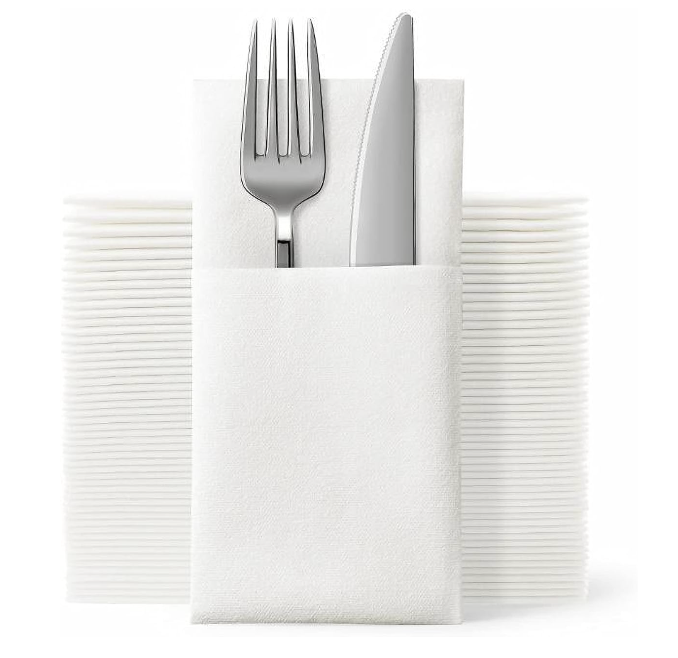 JEBBLAS Disposable Cloth Like Napkins, Built-in Flatware Pocket, Wedding Party Linen Feel White Napkin, Prefolded for Silverware,50 Count