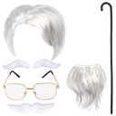 Keymall Old Man Wig And Mustache Set Grandpa Costume Accessories Kit With Grey Wig Fake Beard Eyebrows Cane Glasses for Men Adults teens (Silver wig set)