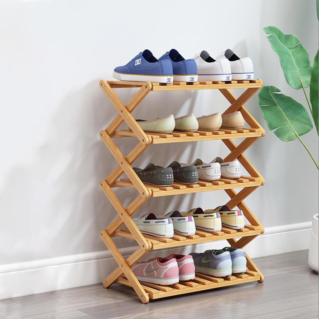 5 Tier Bamboo Shoe Rack,Portable Folding Shoe Storage Rack,Without Installation Small Shoe Rack Perfect for Corridors, Bedrooms and Small Spaces (5 Tier), 10.4"D x 19.6"W x 36.4"H
