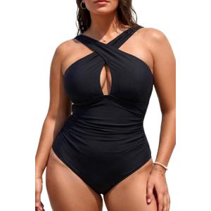 Daci Womens Front Cross Plus Size One Piece Swimsuits Tummy Control Keyhole Bathing Suits Swimwear (Black, XXL)