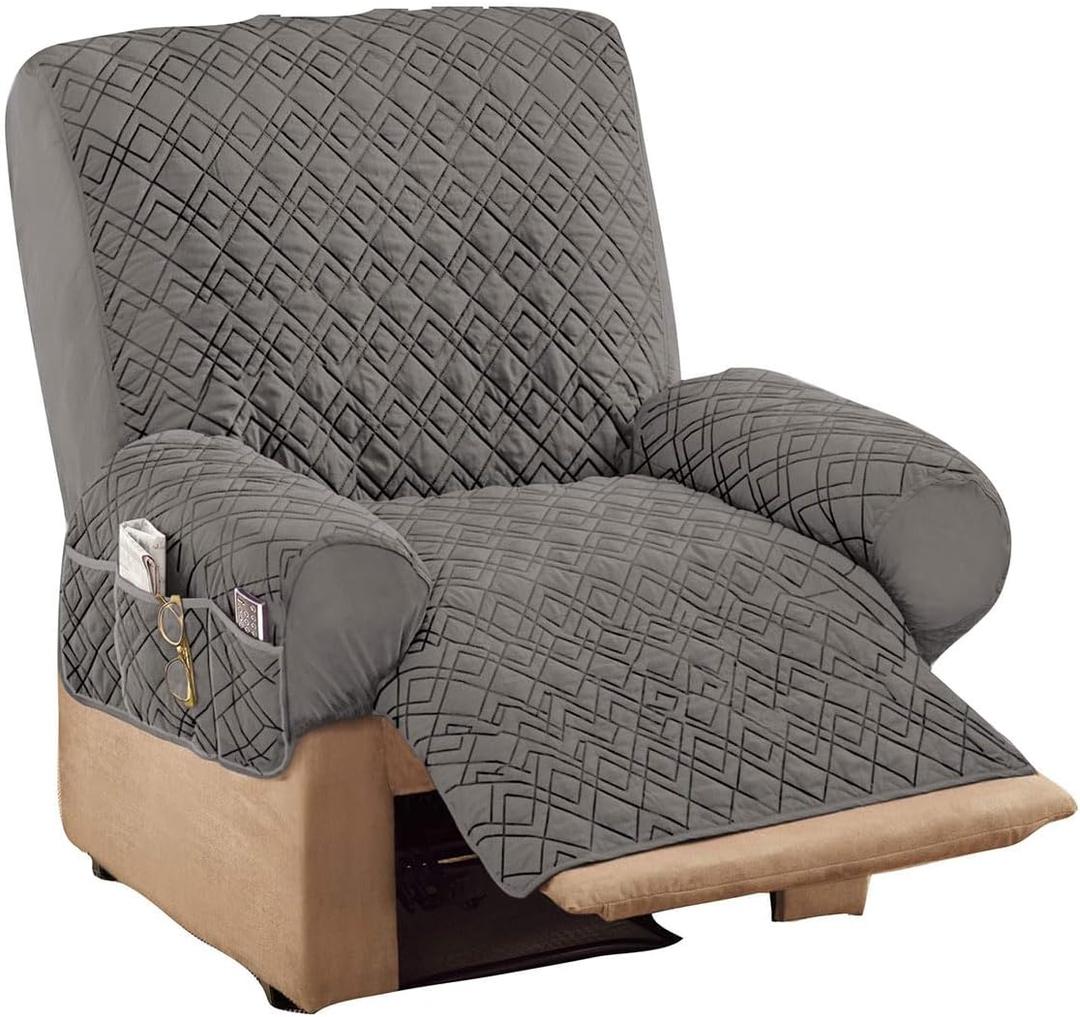 Collections Etc Diamond-Shape Quilted Stretch Recliner Cover with Storage Pockets and Elastic Straps - Furniture Protector, 84"D x 86.5"W x 1"H