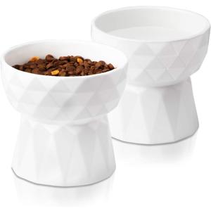 Frewinky Cat Bowls,Ceramic Cat Bowls Anti Vomiting,Raised Food and Water Bowl Set for Cats and Small Dogs, 13.5 Oz Pure White (Pack of 2)