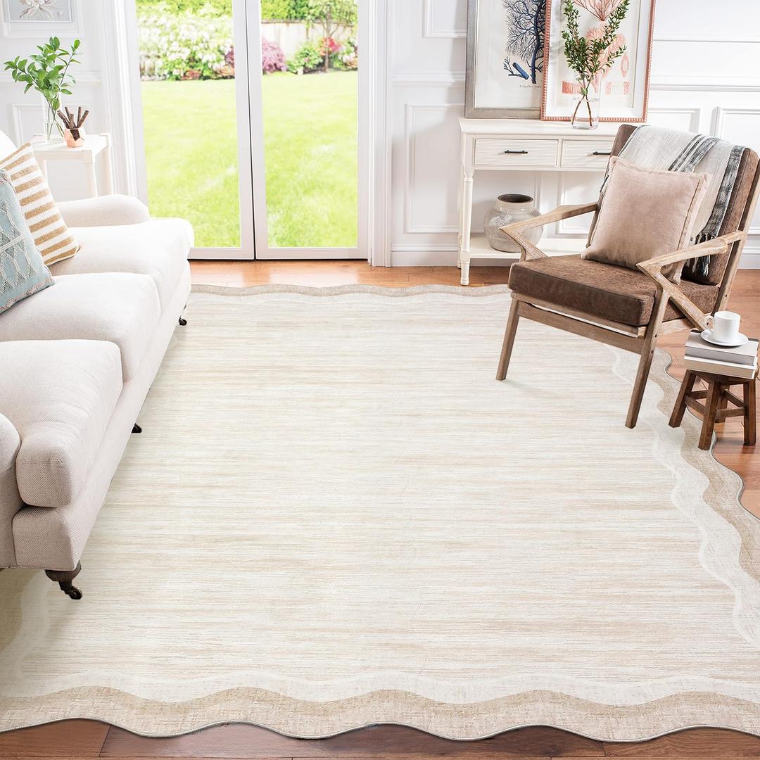 Garvee Scalloped 8x10 Rugs Washable Area Rugs for Living Room,Modern Stain Resistant Solid Rug for Bedroom, Scalloped Low Pile Non-Slip Neutral Rug for Farmhouse Dining Room Home Office Dorm,Cream