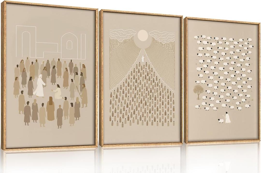 Large Jesus Christian Framed Canvas Wall Art,Boho Lost Sheep Wall Decor,Abstract Sketch Bible Verses Art Prints,Religious Scripture Beige Artwork for Living Room,Dining Room-16"x24"x3