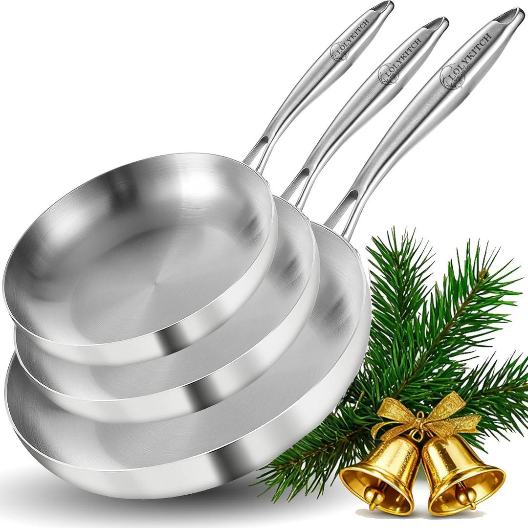 LOLYKITCH Tri-Ply Stainless Steel Frying Pan Set, 3-Piece (8+10+12 Inch) Stainless Steel Cookware, Induction Compatible Skillets for All Stovetops, Dishwasher Safe Pans